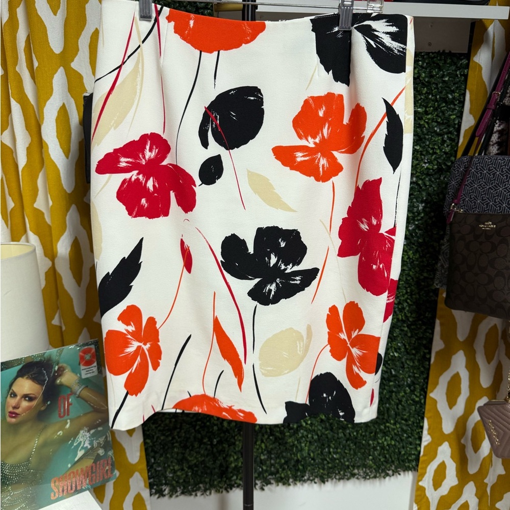 Kasper Floral Pencil Skirt in Red, Orange, and Black